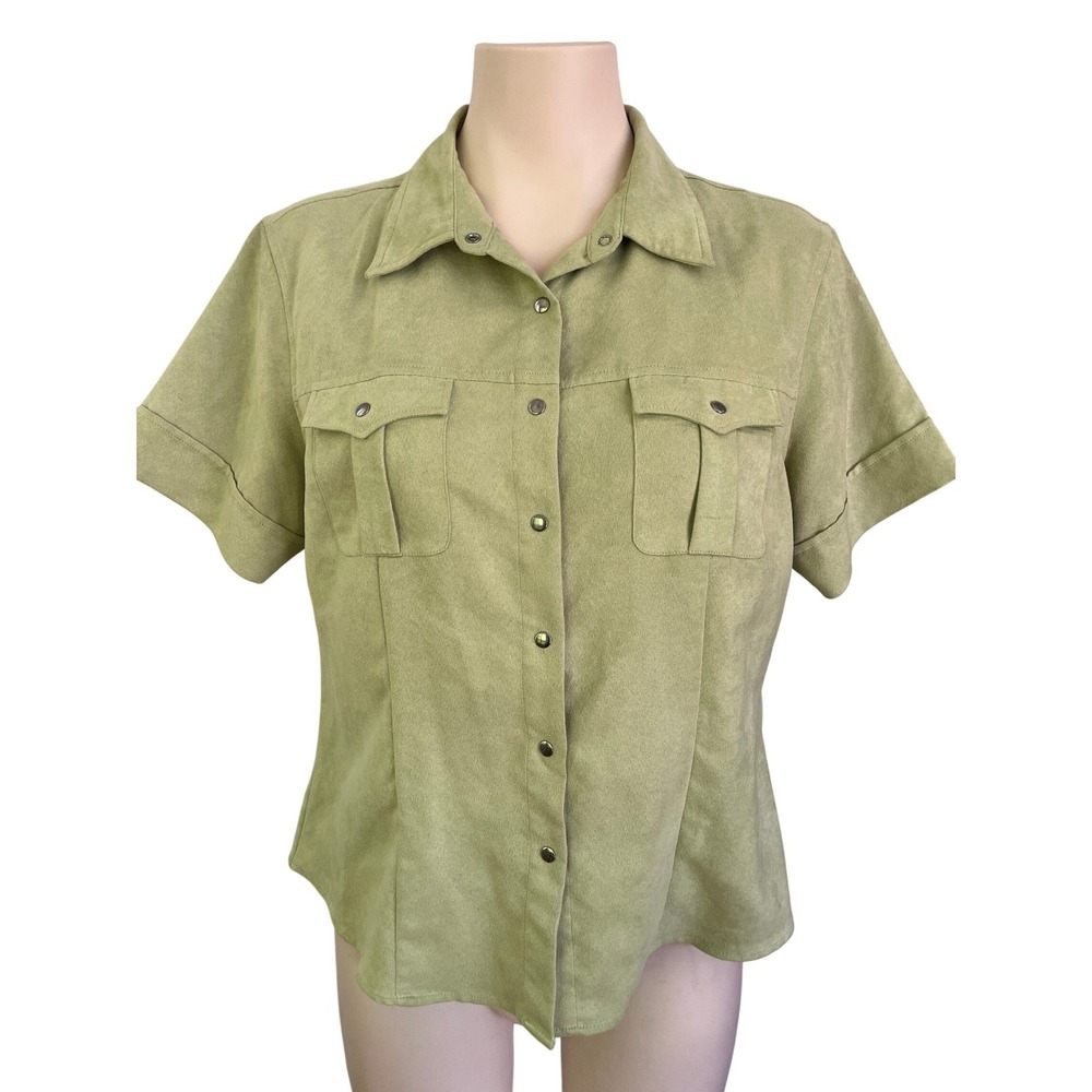 Vintage R Petites Lime Green Faux Suede Short Sleeve Snap Front Utility Shirt